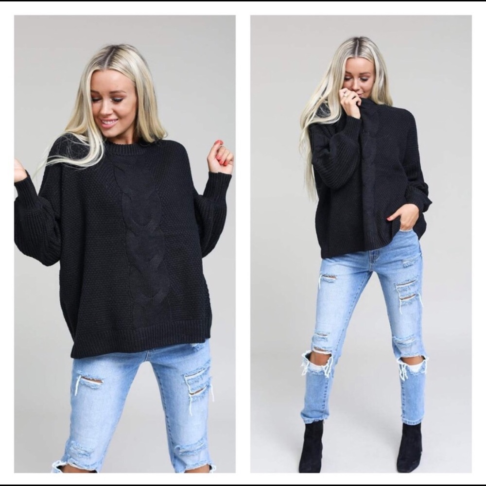Chunky Cable Knit Balloon Sleeve Sweater in Black Sz Large - Picture 2 of 3